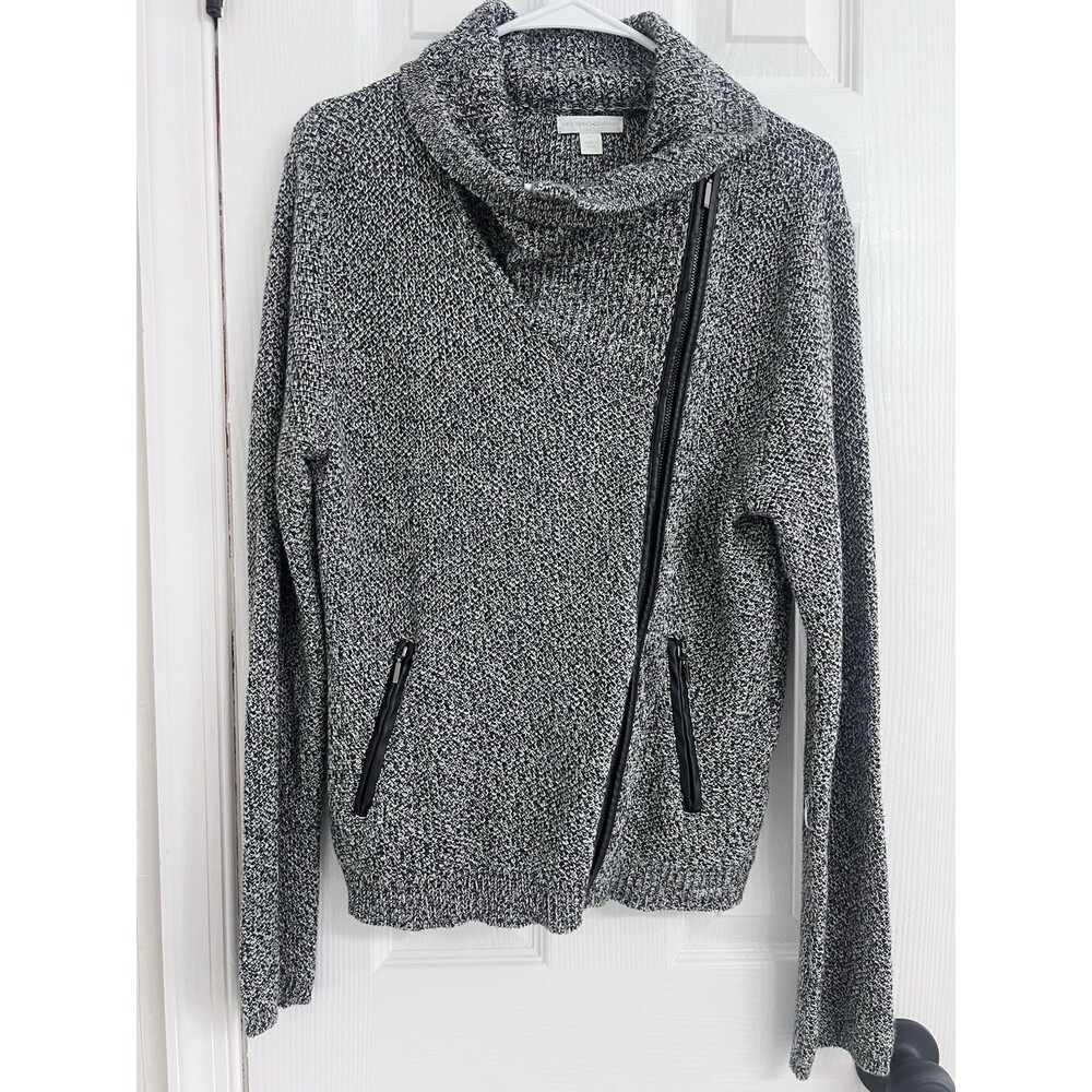 New York and Company Womens Moto Sweater Jacket L Side Zip Gray/Black Cowl Neck